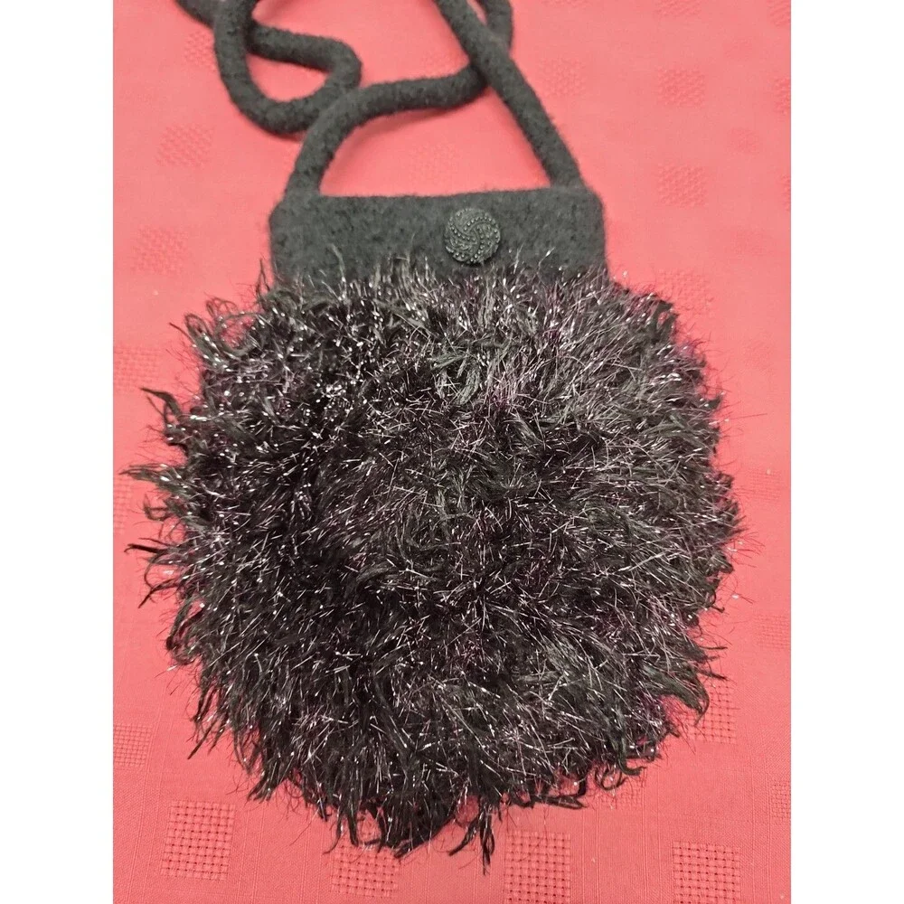 Artisan Handmade Black Felted Wool And Tinsel Yarn Evening Bag Round Drop Handle